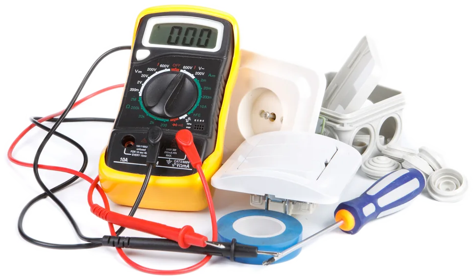Electrical tools and parts including a digital multimeter, outlet, junction box, electrical tape and screwdriver.