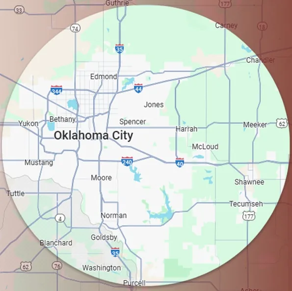 Map of the Oklahoma City metro service area, from Yukon and Edmond east to Shawnee